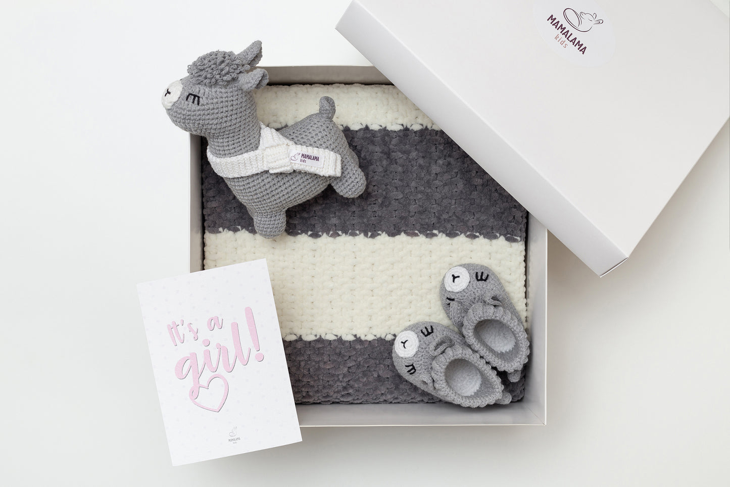 It's a Girl Llama toy & blanket & booties gift box Gray