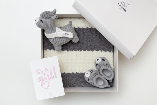 It's a Girl Llama toy & blanket & booties gift box Gray