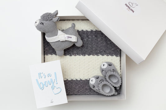 It's a Boy Llama toy & blanket & booties gift box Gray