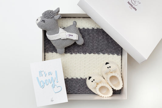 It's a Boy Llama toy & blanket & bunny booties gift box Gray