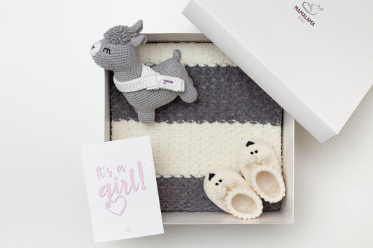 It's a Girl Llama toy & blanket & bunny booties gift box Gray