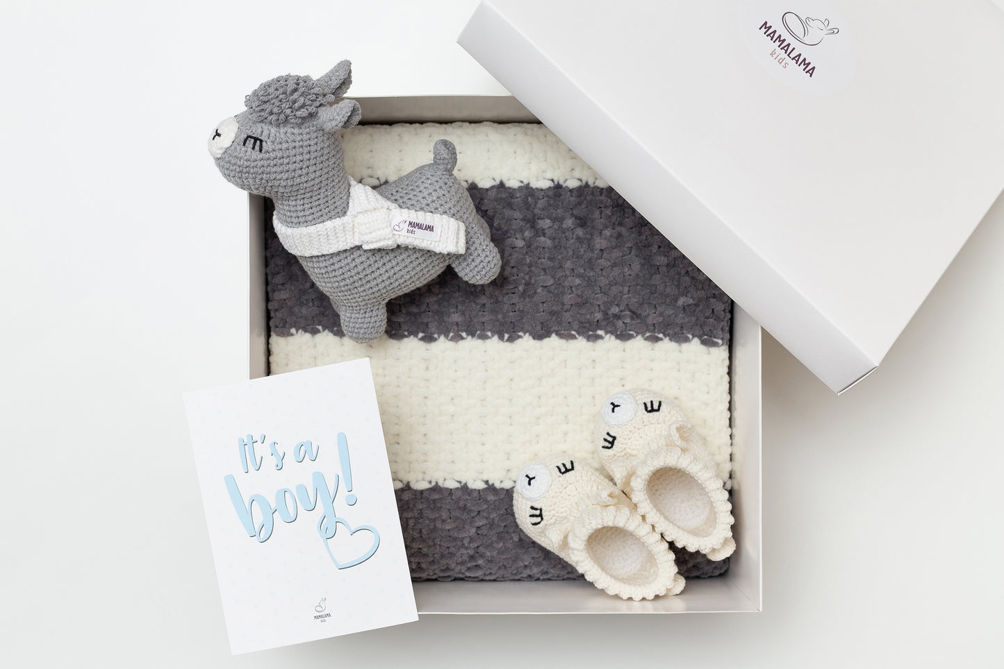 It's a Boy Llama toy & blanket & booties gift box Gray