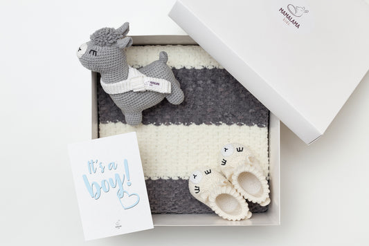 It's a Boy Llama toy & blanket & booties gift box Gray