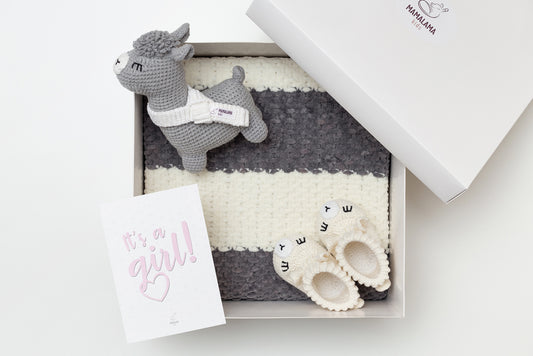 It's a Girl Llama toy & blanket & booties gift box Gray