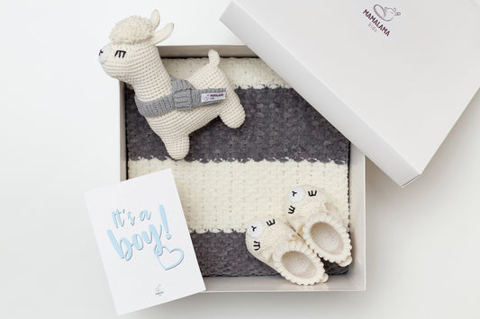 It's a Boy Llama toy & blanket & booties gift box Gray