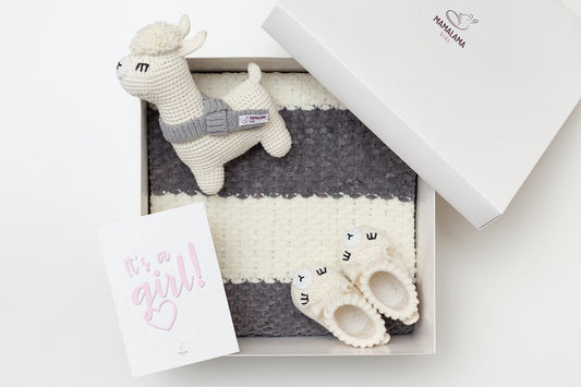 It's a Girl Llama toy & blanket & booties gift box Gray