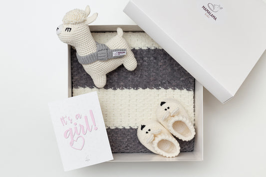 It's a Girl Llama toy & blanket & bunny booties gift box Gray