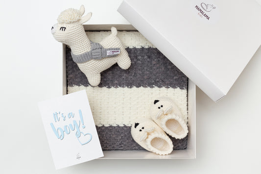 It's a Boy Llama toy & blanket & bunny booties gift box Gray