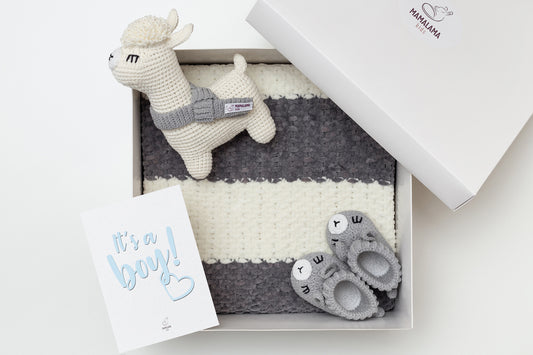 It's a Boy Llama toy & blanket & bunny booties gift box Gray