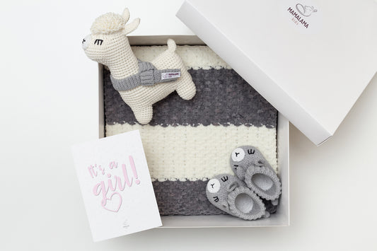 It's a Girl Llama toy & blanket & booties gift box Gray