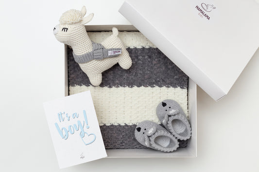 It's a Boy Llama toy & blanket & bunny booties gift box Gray