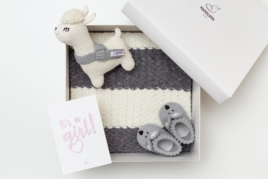 It's a Girl Llama toy & blanket & bunny booties gift box Gray