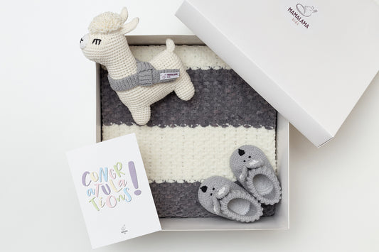 Llama toy & blanket & bunny booties gift box Gray