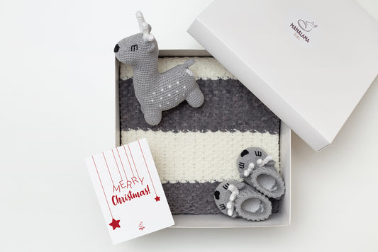 Christmas Baby blanket & deer booties gift box Gray