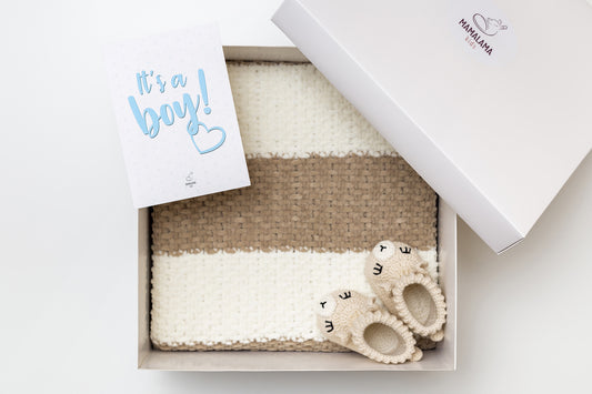 It's a Boy Baby blanket & llama booties gift box Beige