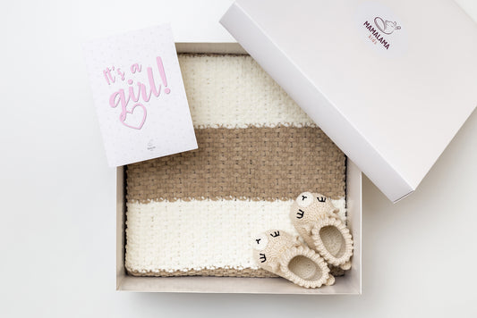 It's a Girl Baby blanket & llama booties gift box Beige