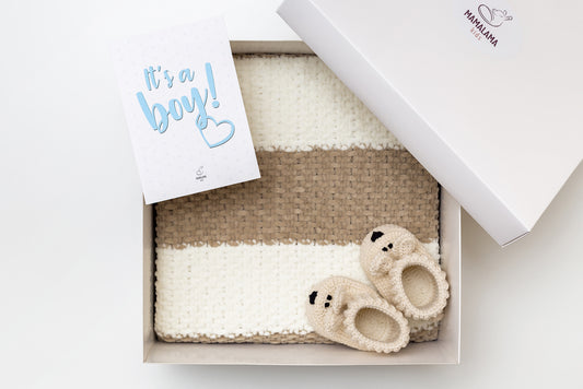 It's a Boy Baby blanket & bunny booties gift box Beige
