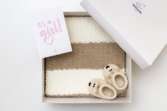 It's a Girl Baby blanket & bunny booties gift box Beige