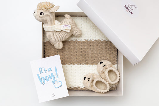 It's a Boy Llama toy & blanket & bunny booties gift box Beige