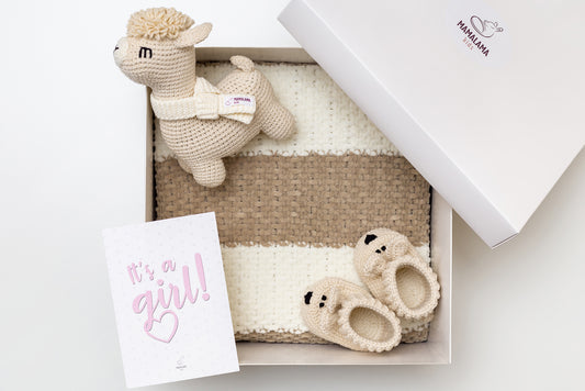 It's a Girl Llama toy & blanket & bunny booties gift box Beige