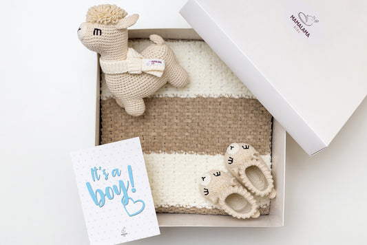 It's a Boy Llama toy & blanket & booties gift box Beige