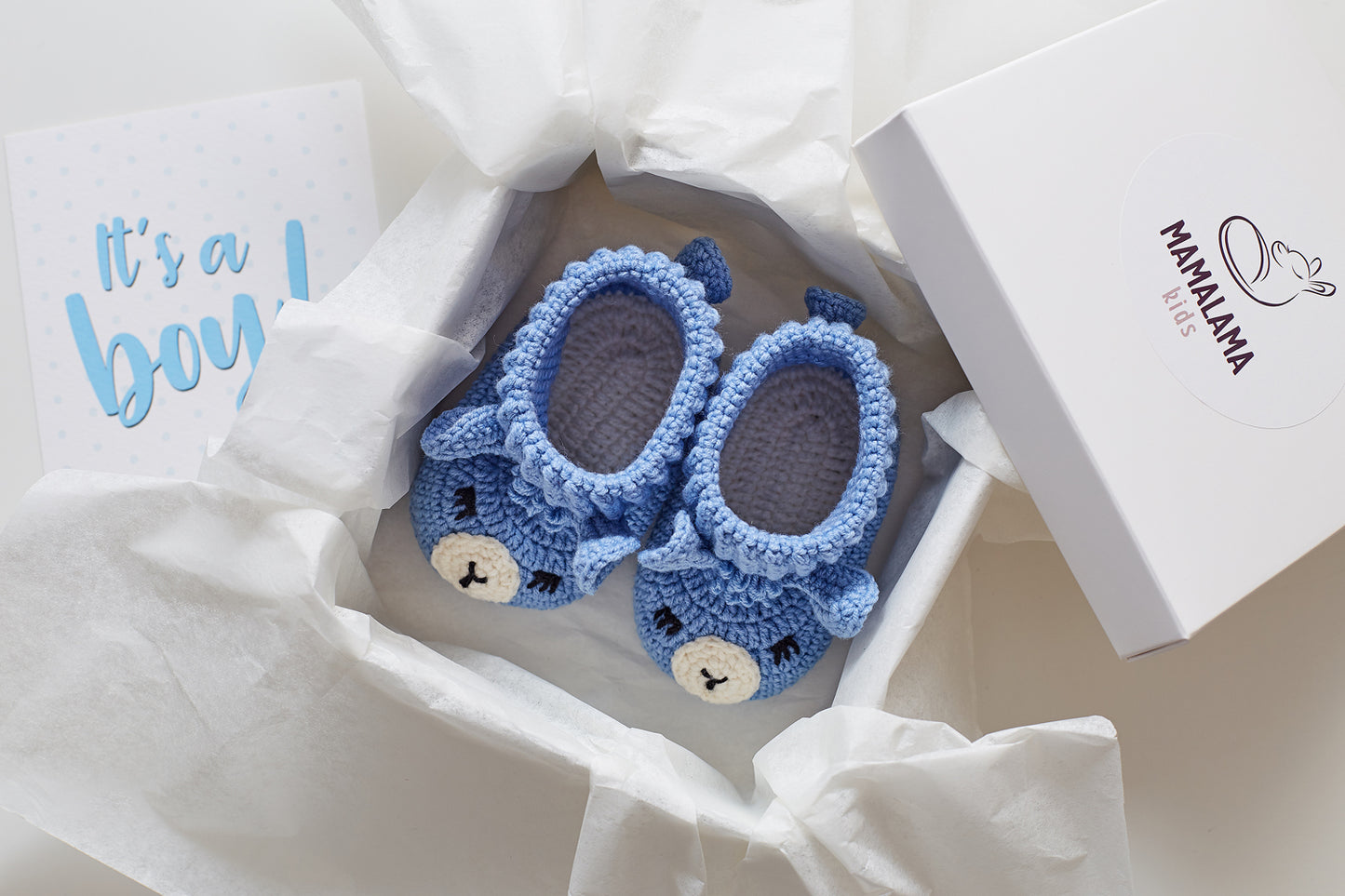 It's a boy llama booties baby gift box Blue