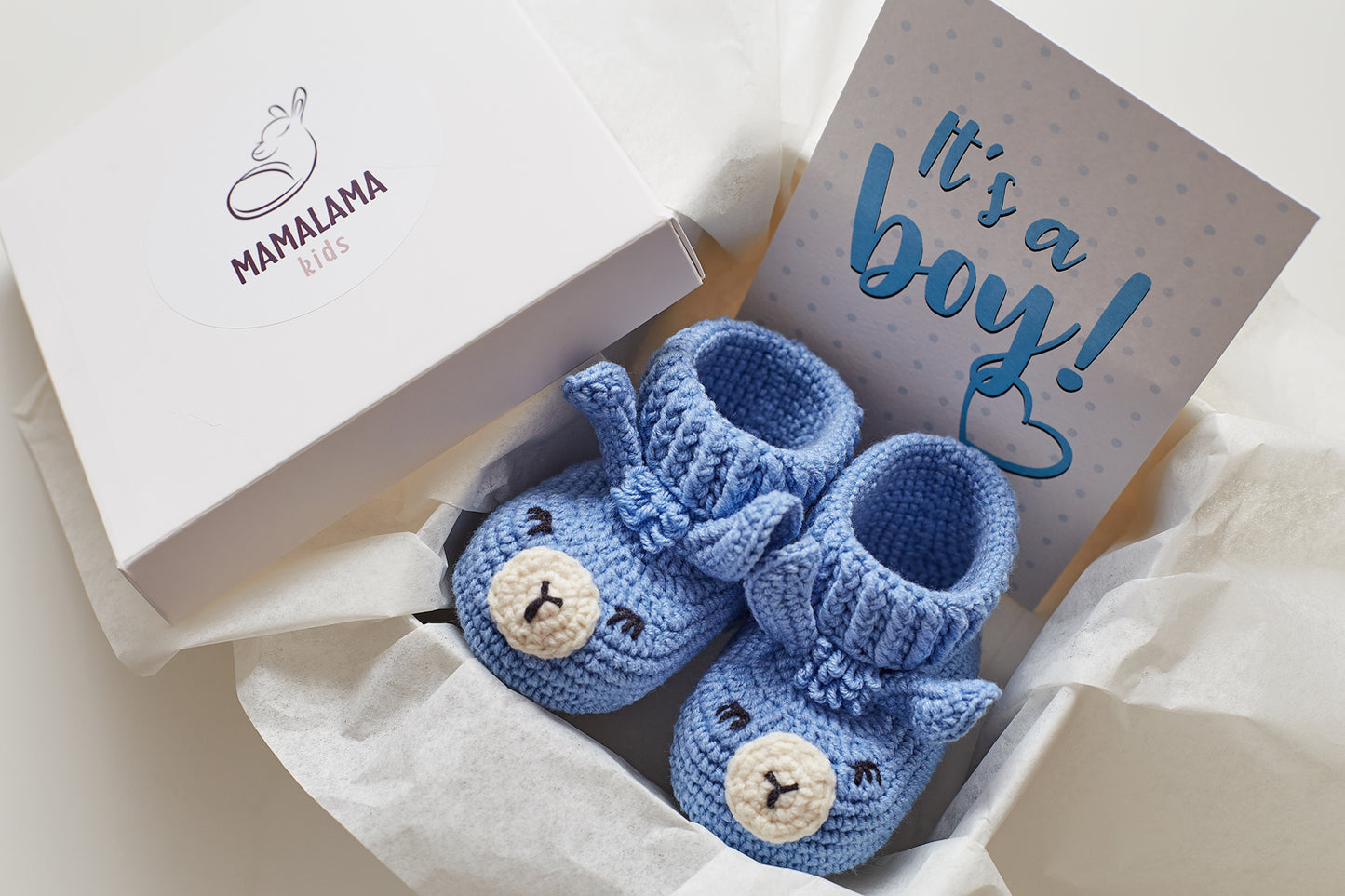 It's a boy llama booties baby gift box Blue