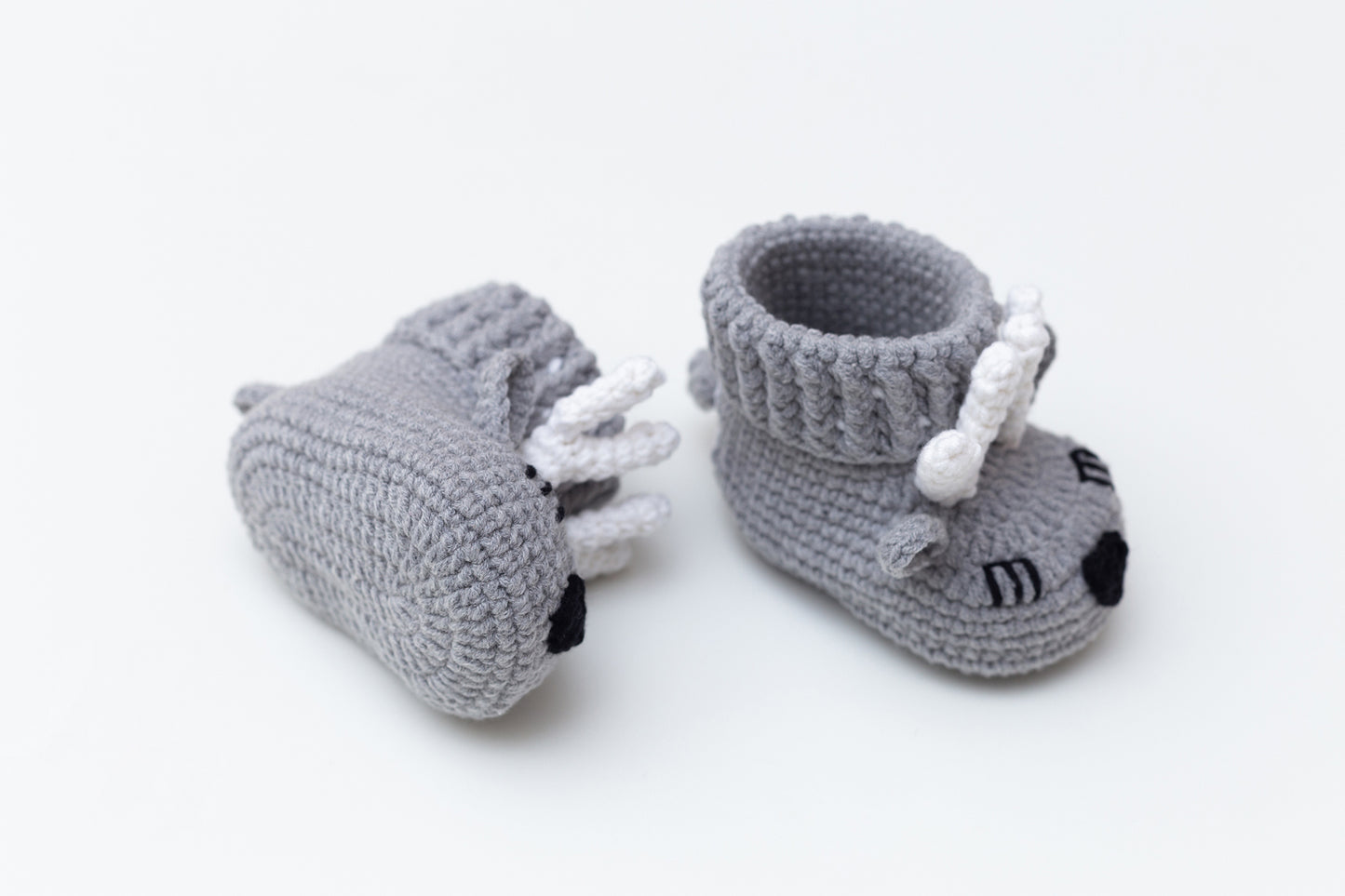 Baby boy shower gift box with crochet gray deer booties