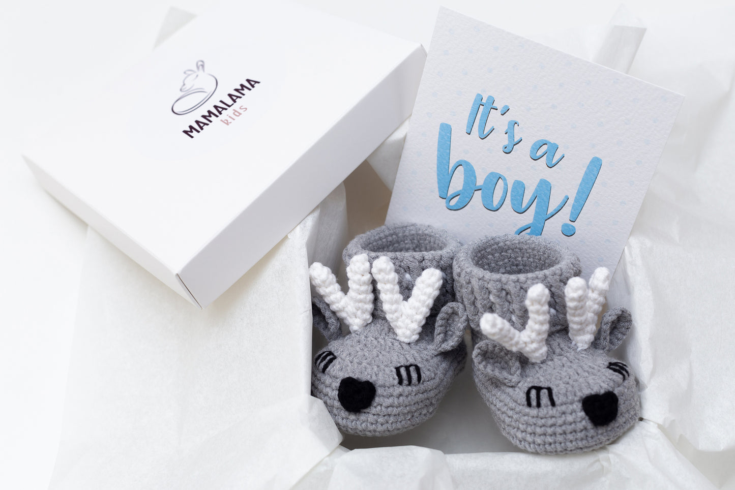 Baby boy shower gift box with crochet gray deer booties