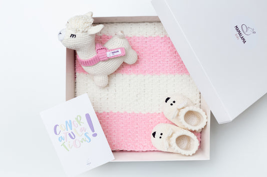 Llama toy & blanket & bunny booties gift box Pink