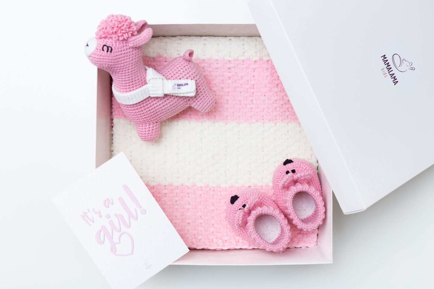 Baby girl shower gift box with crochet bunny booties