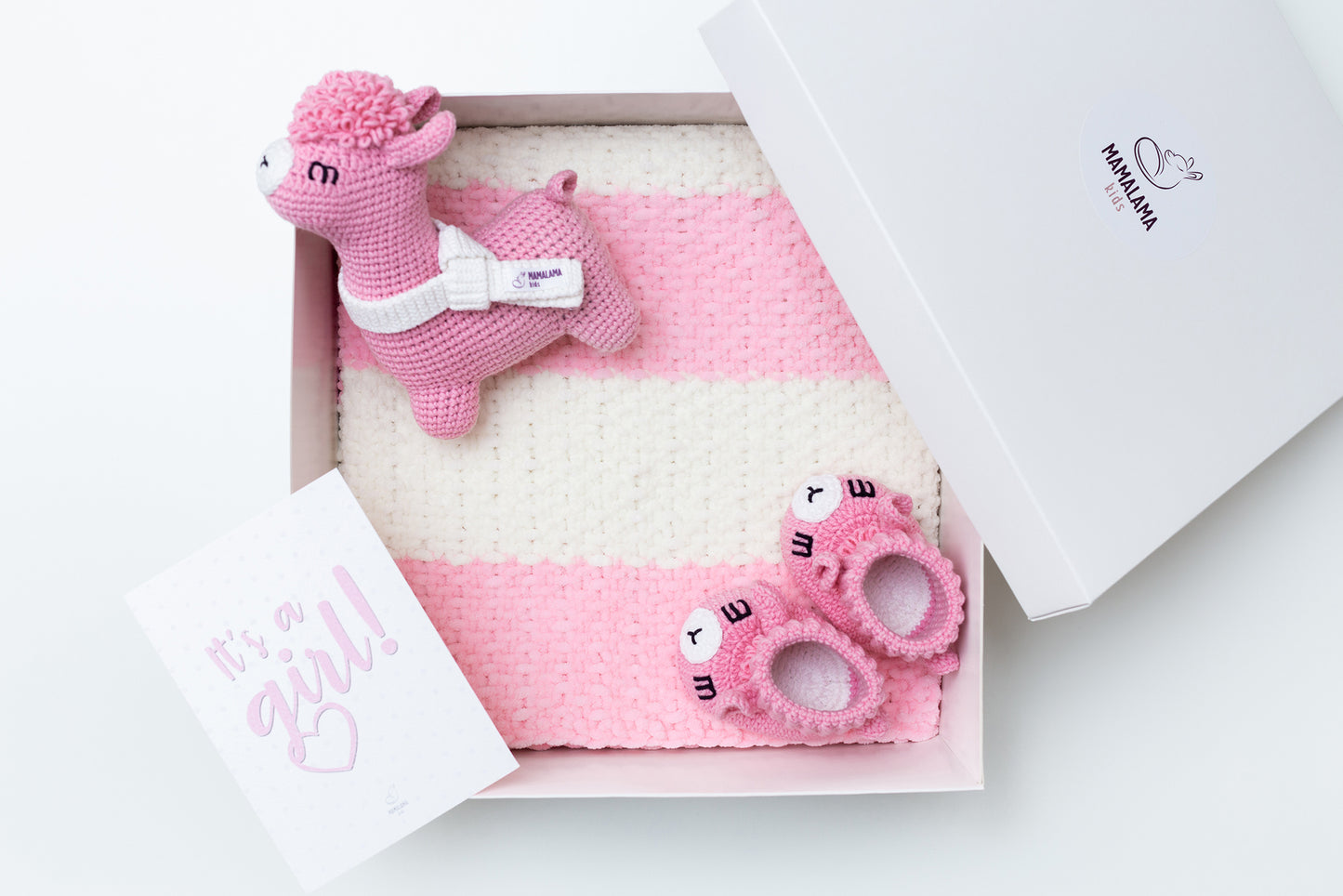 It's a girl llama booties baby gift box Pink
