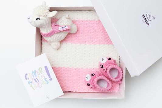 Llama toy & blanket & booties gift box Pink
