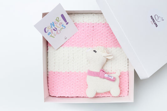Llama toy & blanket gift box Pink Off white
