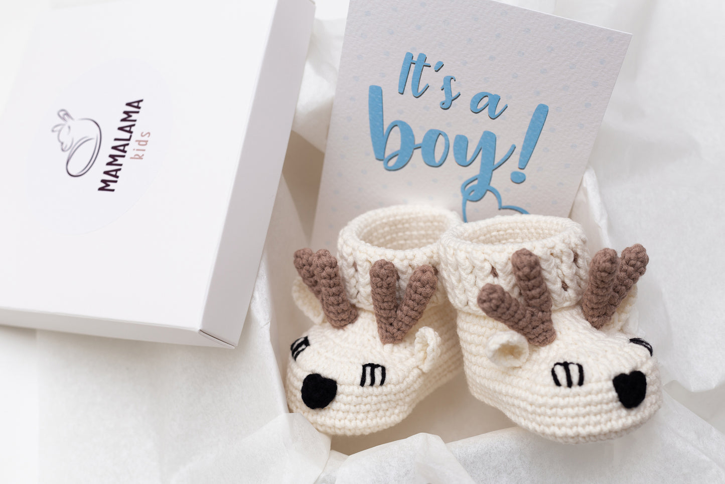 It's a boy deer booties baby gift box Cream