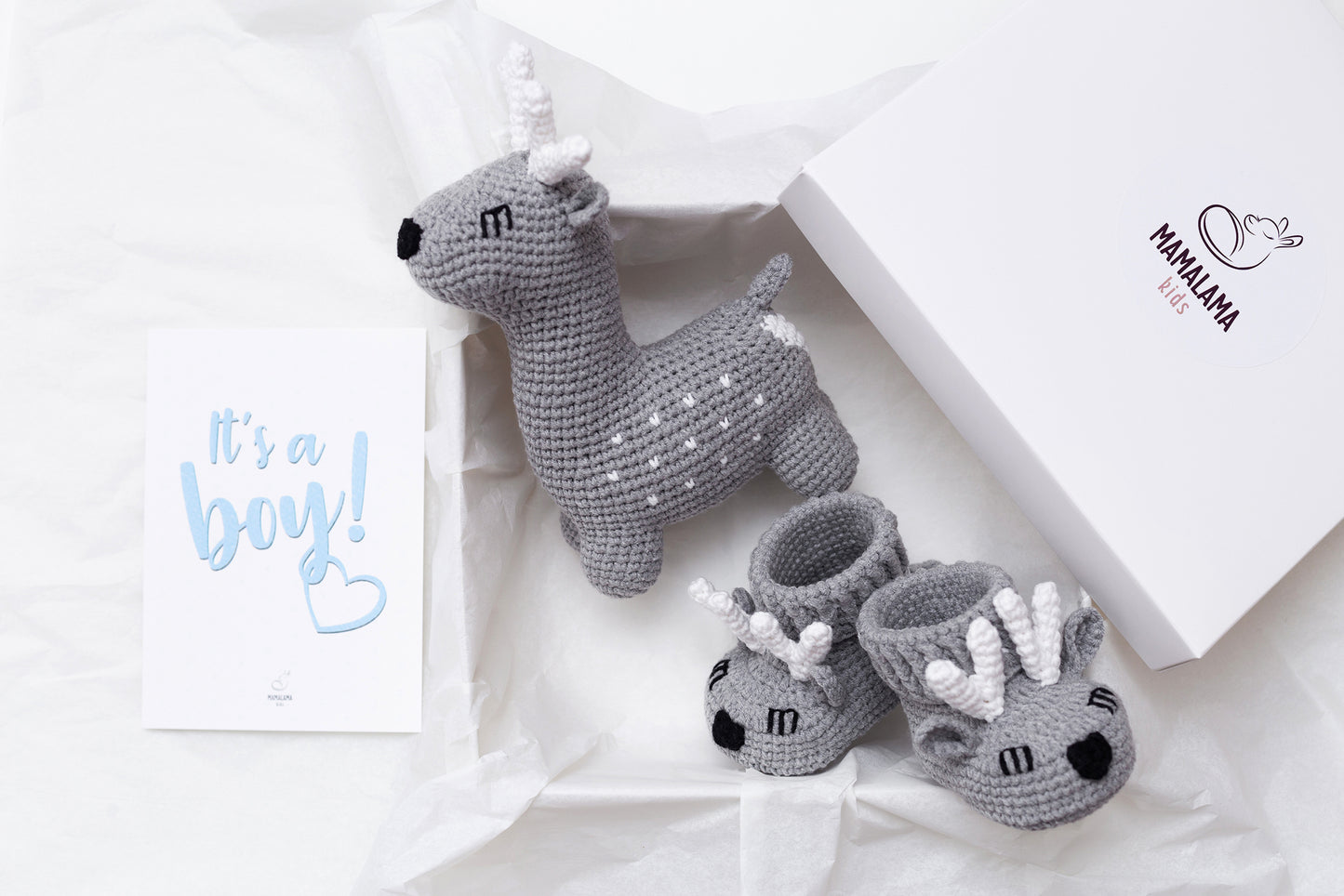 Baby boy shower gift box with crochet gray deer booties