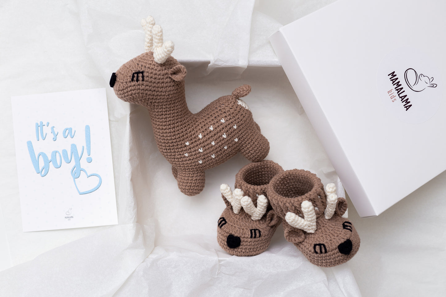 Baby boy shower gift box with crochet brown deer booties