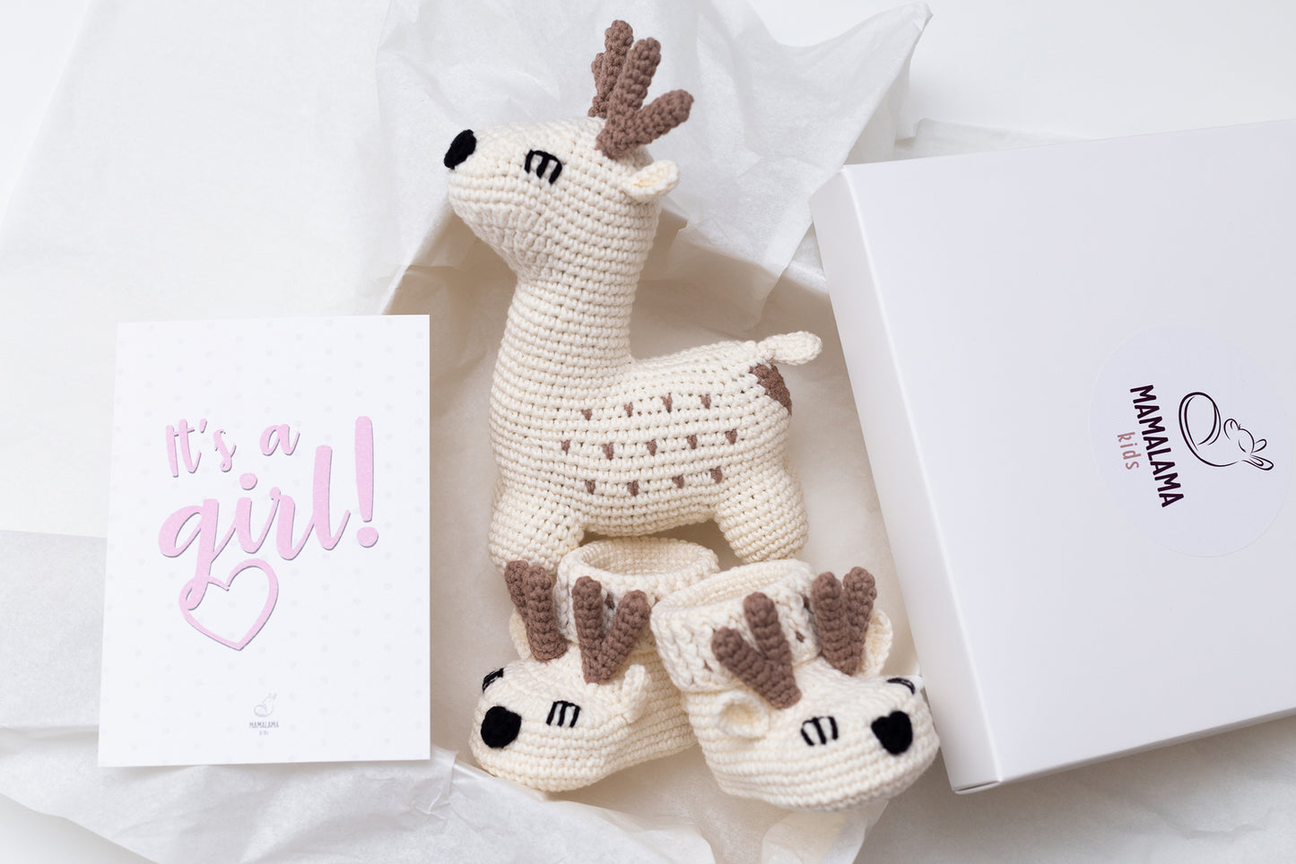 Baby girl shower gift box with crochet off white deer booties