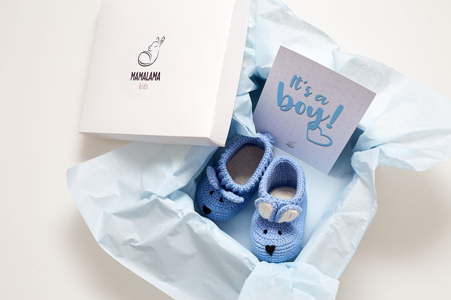 Baby boy shower gift box with crochet bunny booties