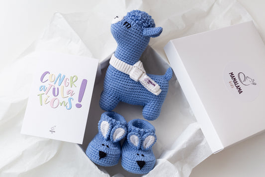 Llama toy & bunny booties gift box Blue
