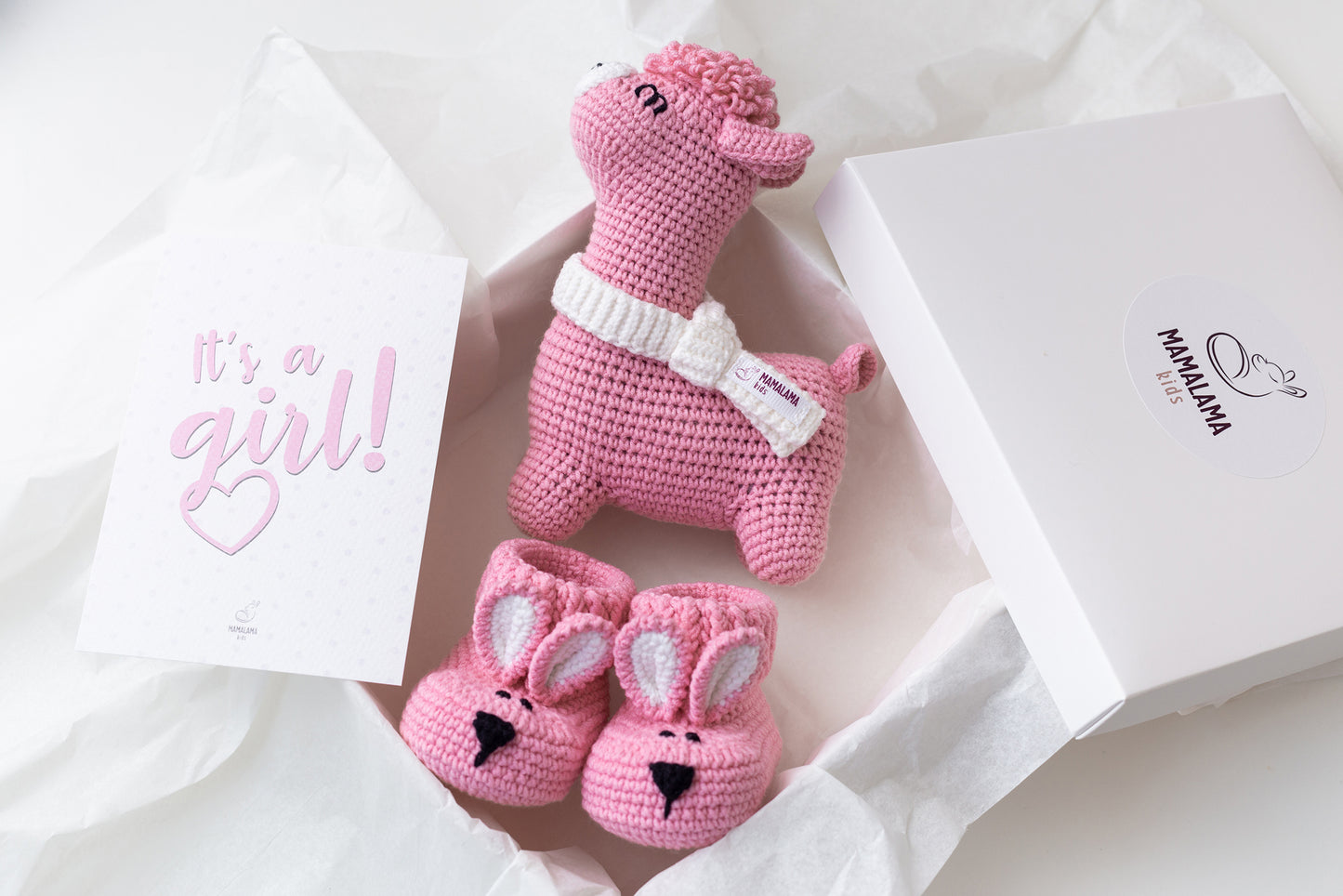 Baby girl shower gift box with crochet bunny booties