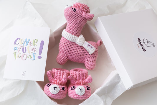 Llama toy & booties gift box Pink