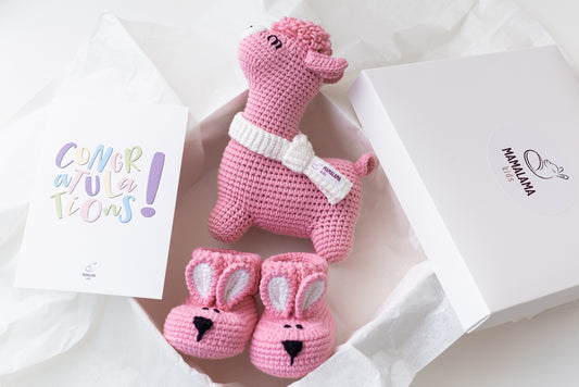 Llama toy & bunny booties gift box Pink