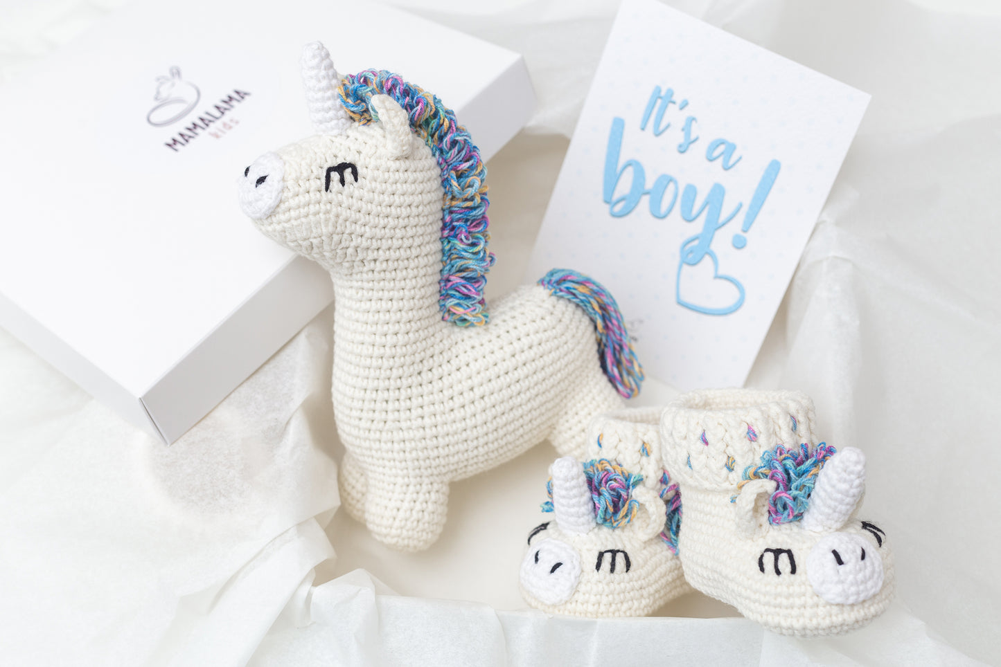 Baby boy shower gift box with crochet unicorn booties