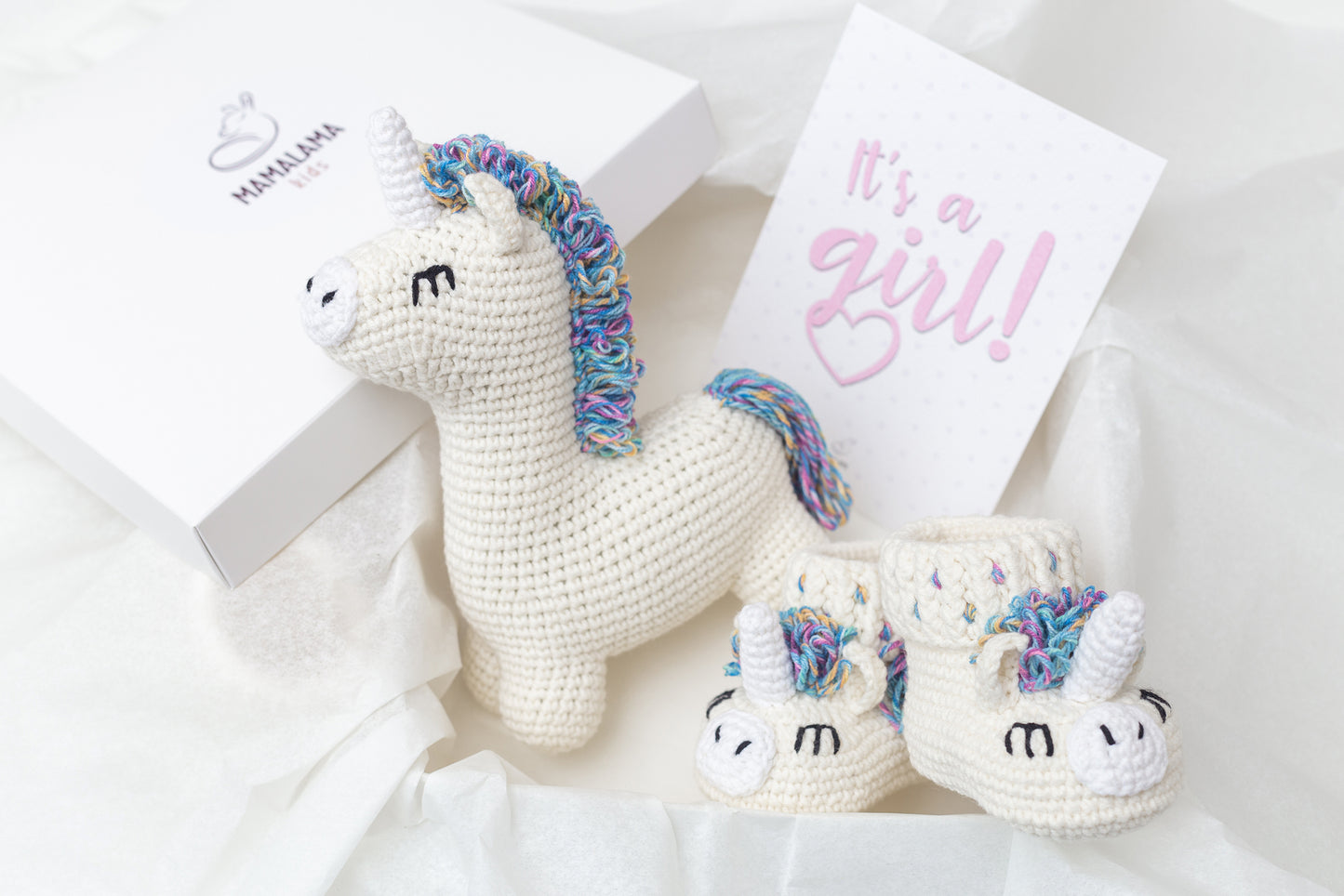 Baby girl shower gift box with crochet unicorn booties