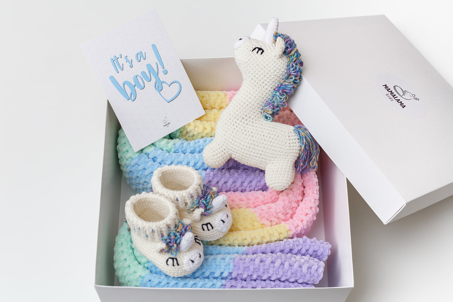 Baby boy shower gift box with crochet unicorn booties