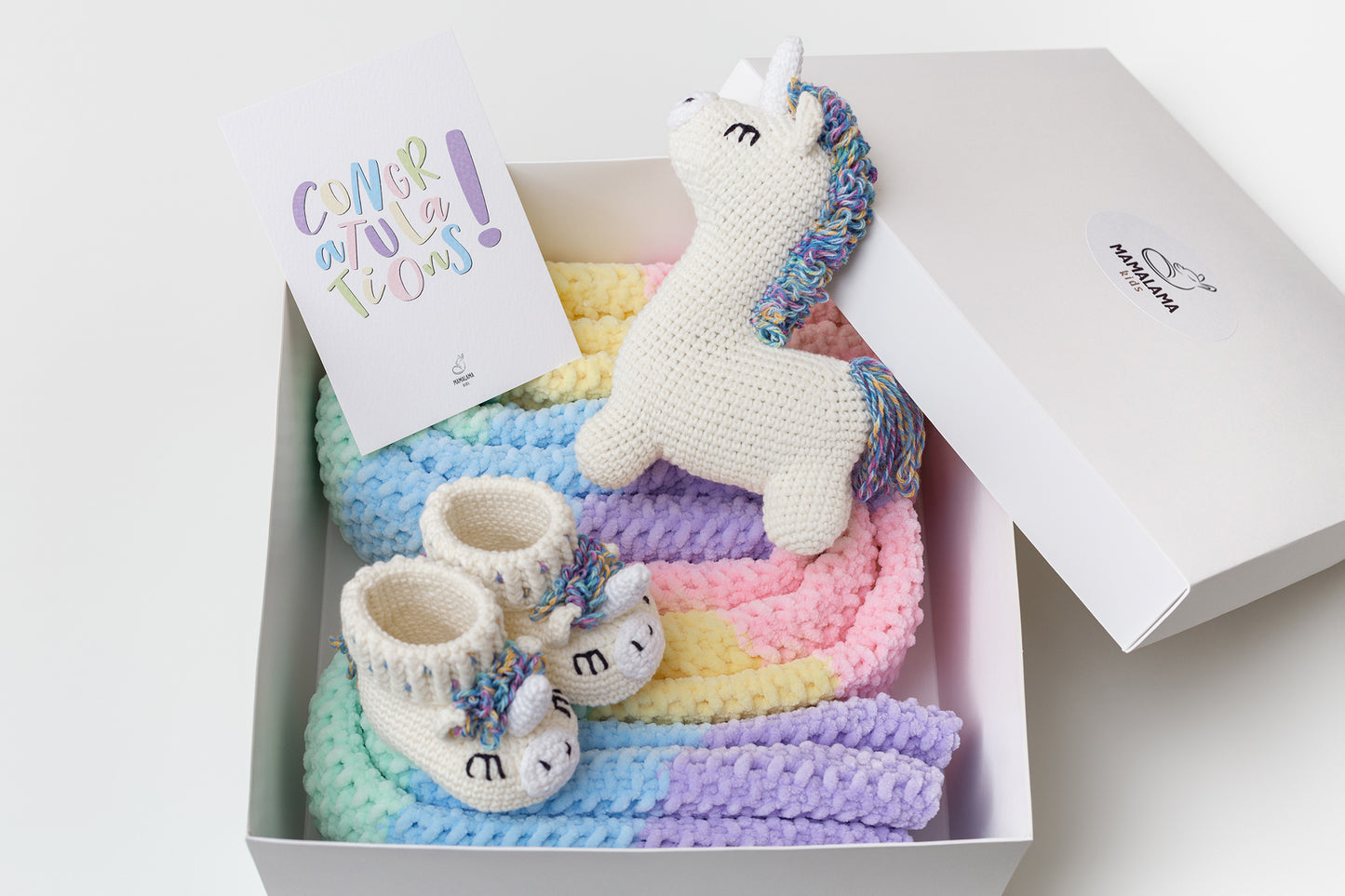 Baby blanket & unicorn booties gift box Rainbow