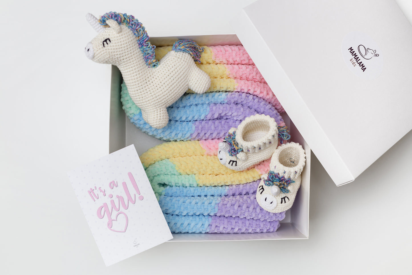 Baby girl shower gift box with crochet unicorn booties