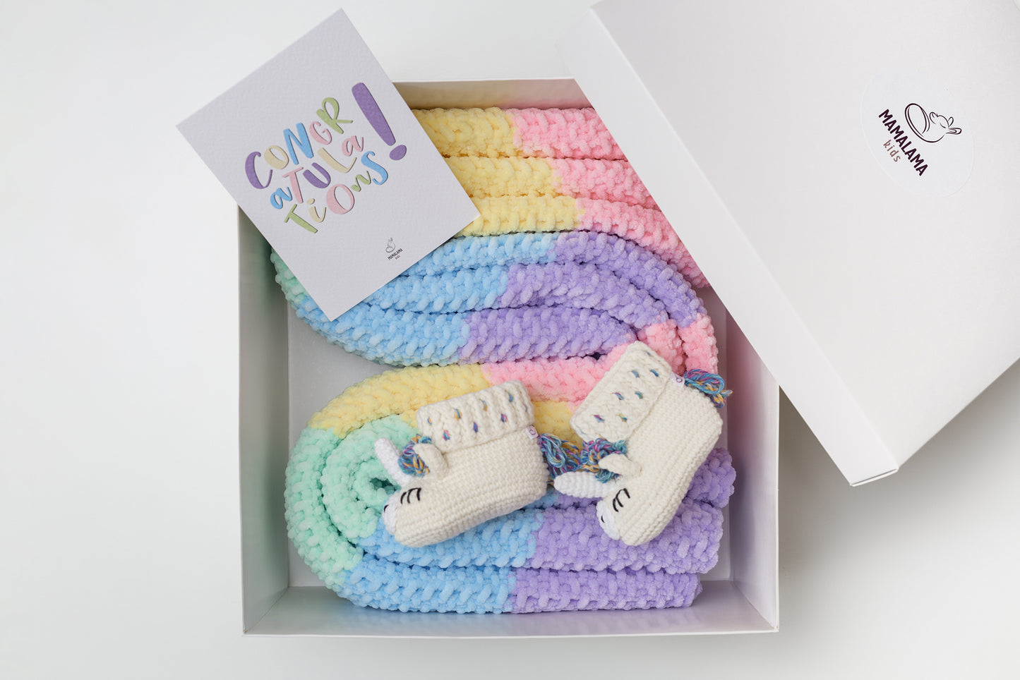 Baby blanket & unicorn booties gift box Rainbow
