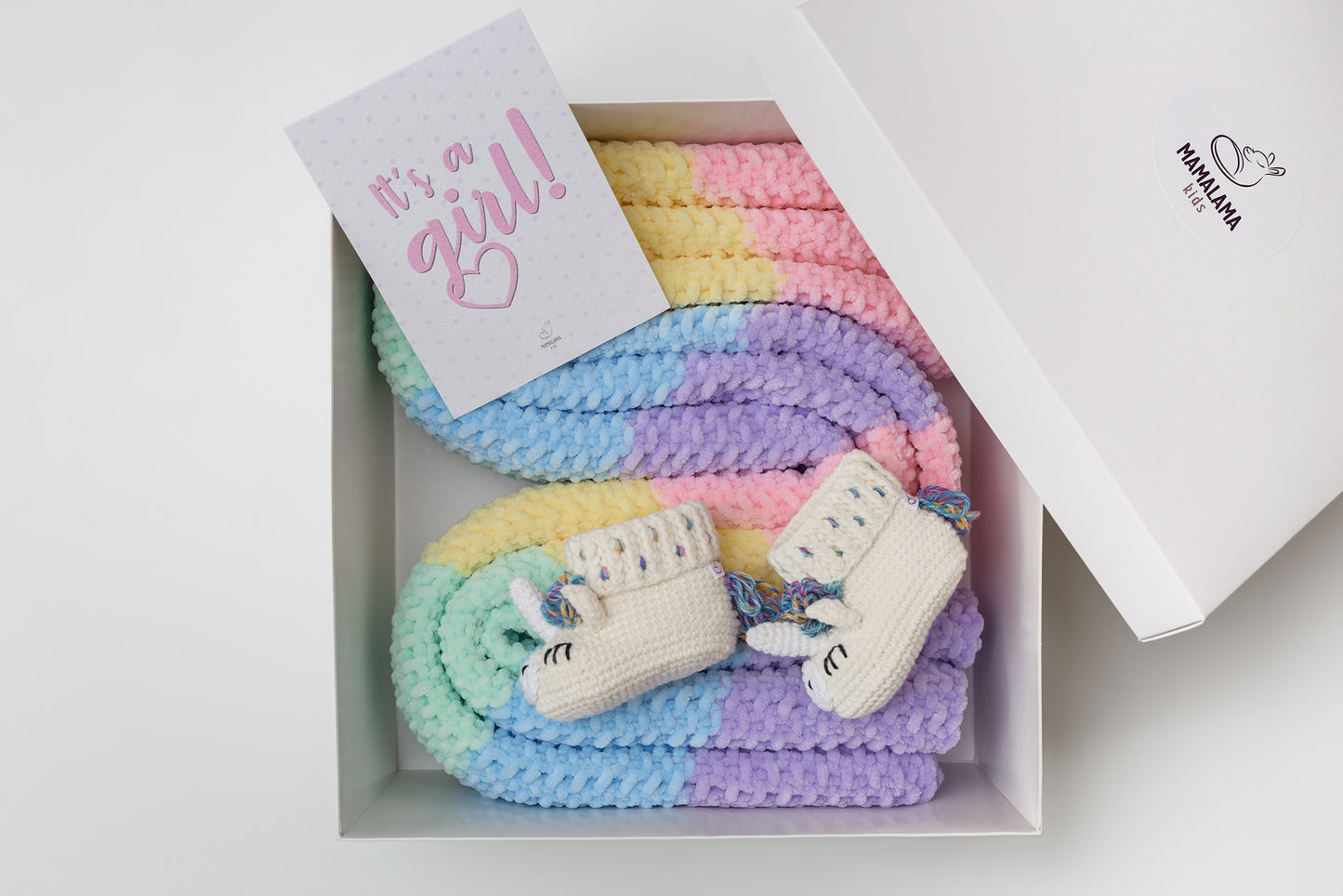 Baby girl shower gift box with crochet unicorn booties